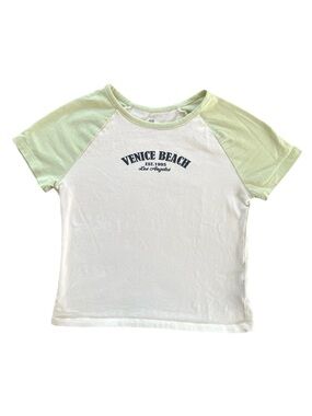 H&M Girls 16/18 Venice Beach T-Shirt Cotton Jersey Raglan Crop Tee Cream Green